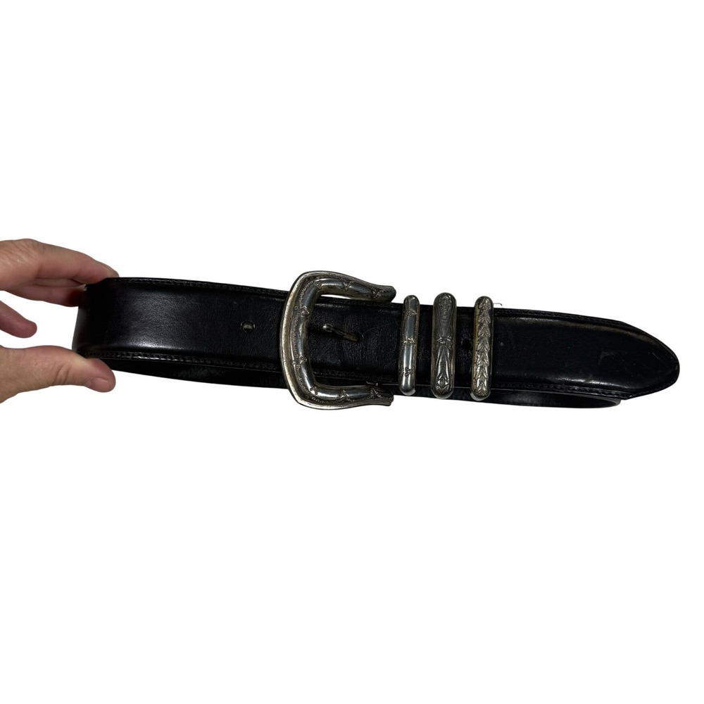 Nordstrom Western Belt Womens 28 Black Leather Silver Engraved Hardware
